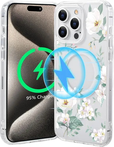 Vista 49 de Funda magnética de flores para iPhone 15 [compatible con MagSafe] Bonito patrón floral transparente a prueba de golpes