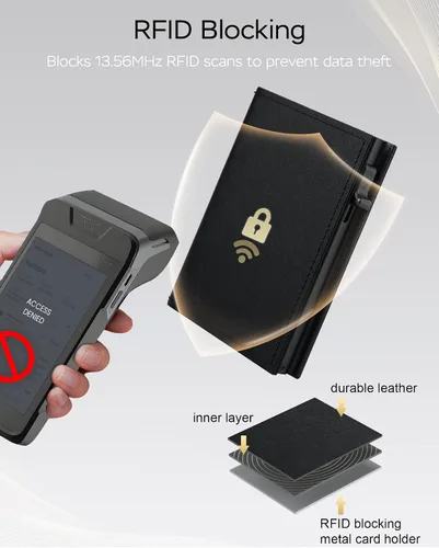 Vista 4 de Cartera para hombre – Cuero minimalista de triple pliegue, funda inteligente para tarjetas emergentes con bloqueo RFID, soporte delgado de metal