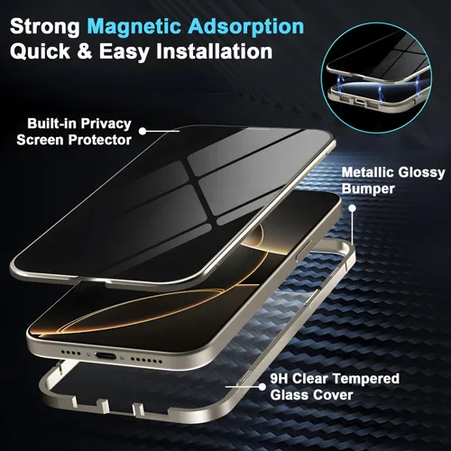 Vista 2 de Funda de privacidad de metal de titanio para iPhone 16, protector de pantalla de privacidad integrado y protector de lente de cámara, adsorción