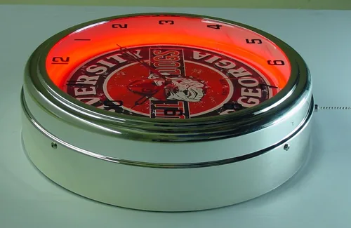 Vista 4 de University of Georgia Logo Sign Reloj de pared iluminado neón cromado rojo