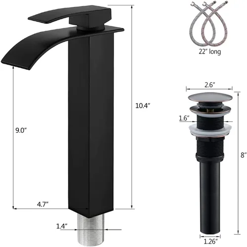 Vista 8 de Fregadero de Recipiente Negro Rectangular, 45,7x33 cm Encimera de Cerámica de Porcelana para Baño con Combo de Grifo y Drenaje