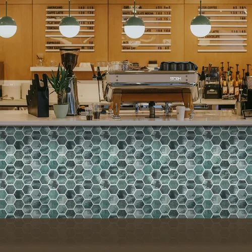 Vista 7 de 10 hojas de azulejos hexagonales autoadhesivos para salpicadero de cocina, nuevo diseño premium extra grueso 3D, azulejos de pared autoadhesivos