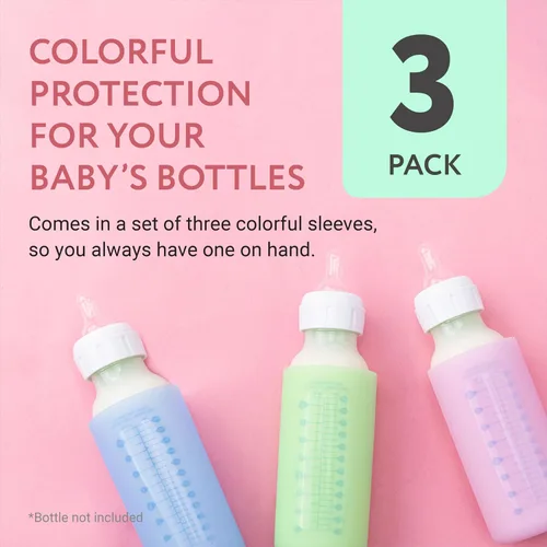 Vista 3 de Impresa Fundas de silicona para biberones de bebé, compatibles con botellas de vidrio de cuello estrecho Dr. Brown, paquete de 3, multicolor de 8