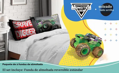Vista 2 de Sunny Side Up Monster Jam Grave Digger - Juego de 2 fundas de almohada reversibles, fundas de almohada de doble cara, ropa de cama para niños súper
