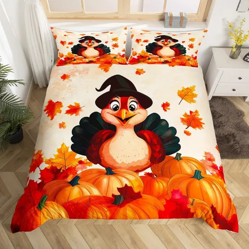 Vista 15 de Erosebridal Juego de funda de edredón individual de pavo de Acción de Gracias, juego de ropa de cama de calabaza y hojas de otoño para niños