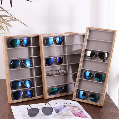 Vista 6 de Homeanda 12 rejillas marco de madera gris terciopelo gafas caso gafas organizador gafas de sol soporte gafas caso gafas gafas caja gafas gafas gafas