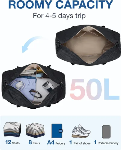 Vista 4 de BAGSMART - Bolsa de viaje grande de 40 litros, bolsa de mano para hombres y mujeres, con compartimento para zapatos, color negro, Negro- 1