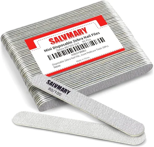 Vista 10 de SALVMARY - Lima de uñas de cebra desechables profesionales de grano 80/80, 50 unidades Sandpaper & wood material, coarse grit emery boards for gel
