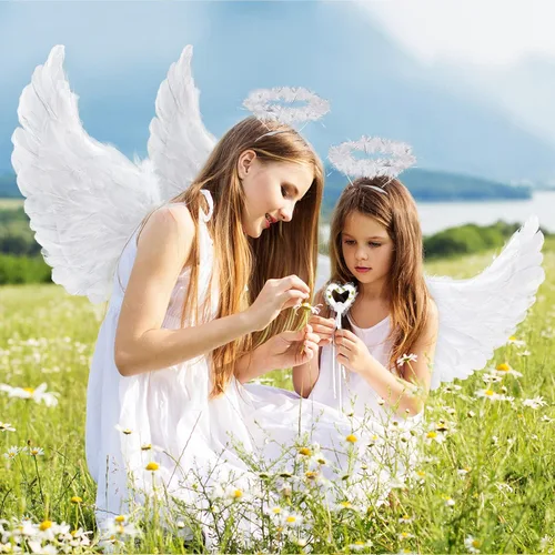 Vista 6 de Latocos Alas de ángel y halo para adultos alas de ángel blancas para niños con varita disfraz de Halloween juego de simulación para mujeres niñas