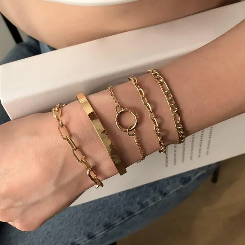 Vista 2 de Wiwpar 5 pulseras de eslabones de cadena para mujer, delicada pulsera cubana con clip para mujeres y niñas, aleación