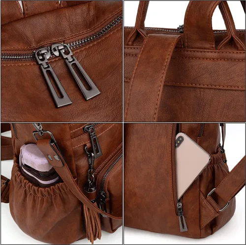 Vista 5 de UTO Mochila de cuero vegano para mujer, diseño de moda, convertible con borla, para viajes, con borla
