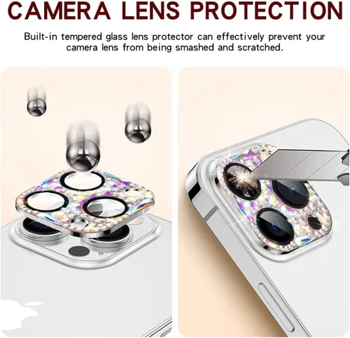 Vista 5 de Protector de lente de cámara con diamantes brillantes compatible con iPhone 15 Pro y iPhone 15 Pro Max, cubierta de cámara de gemas con purpurina