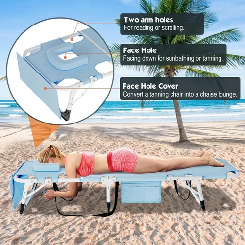 Vista 5 de MOPHOTO Silla de Bronceado, Silla de Sol al Aire Libre de 5 Posiciones, Silla de Sol Plegable, Silla de Sol con Orificio para la Cara, Perfecta