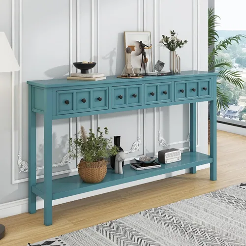 Vista 14 de JIVOIT Mesa consola rústica y elegante, mesa de consola rectangular de madera con cajones de almacenamiento y estante inferior para entrada Blanco