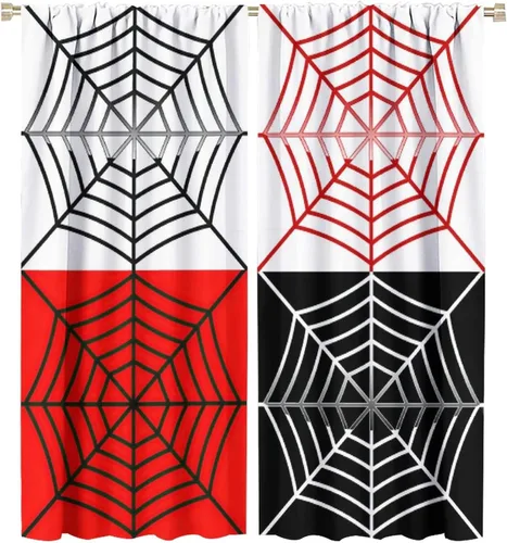 Vista 94 de Cortinas opacas de tela de araña aterradora para niños, tela de araña en blanco y negro, fondo rojo, dormitorio de niños, guardería, decoración