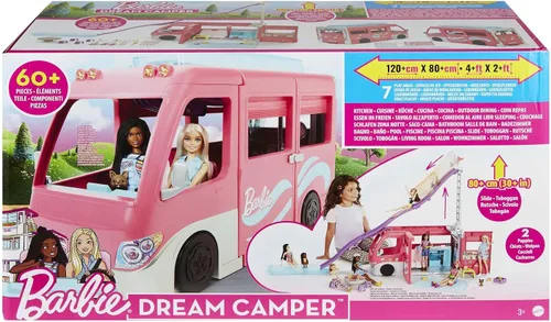 Vista 8 de Barbie Camper, juego de muñeca con 60 accesorios, tobogán de 30 pulgadas y 7 áreas de juego, Dream Camper