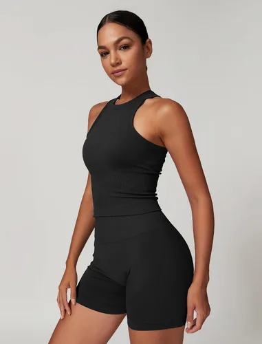 Vista 26 de Conjuntos de entrenamiento para mujer, 2 piezas, sin costuras, acanalada, sin mangas, brasier deportivo, cintura alta, pantalones cortos