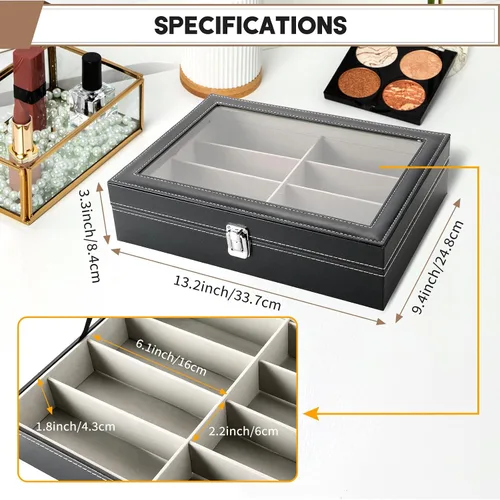 Vista 2 de Caja de almacenamiento para lentes de sol de 8 ranuras, de piel sintética, color negro, para mujeres y hombres, 8 ranuras para guardar lentes