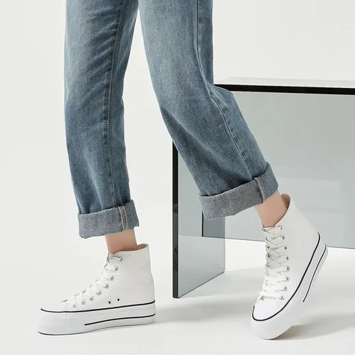 Vista 6 de FINIWOR Tenis de plataforma para mujer, zapatos de lona blancos de alta calidad, zapatos clásicos de plataforma negra, zapatos casuales con cordones
