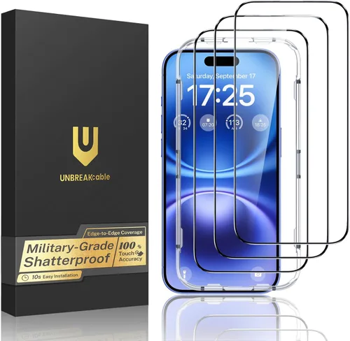Vista 21 de UNBREAKcable Paquete de 3 protectores de pantalla para iPhone 15, vidrio templado doble a prueba de roturas [marco de instalación fácil]