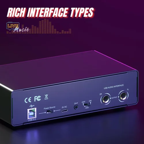 Vista 6 de Interfaz de audio USB 2X2 para PC Mac portátil, 24Bit 192kHz para grabación de computadora, guitarra, transmisión, podcasting, con alimentación