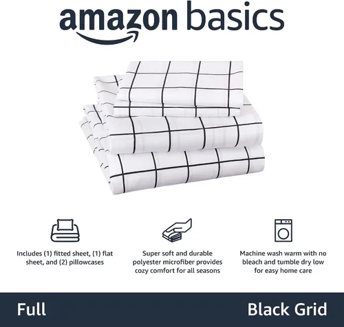 Vista 3 de Amazon Basics Juego de sábanas de microfibra suave de 4 piezas con bolsillos laterales elásticos, Full, cuadrícula negra, geométrico