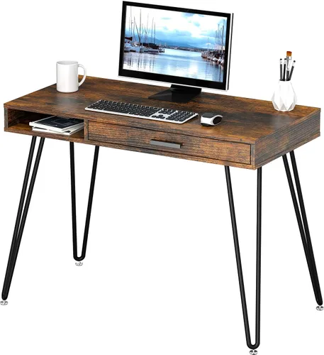 Vista 7 de SHW Escritorio de patas con horquilla para computadora de oficina en casa con cajón, color negro