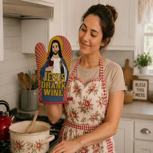 Vista 7 de Jesús bebió vino guante de horno divertido religión beber vino amante novedad guante de cocina divertido gráfico ropa de cocina religioso vino