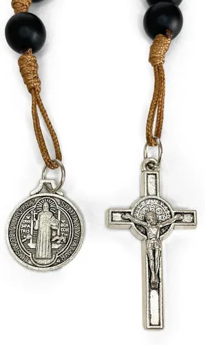 Vista 6 de Rosario de bolsillo de oración católica Medalla de San Benito Cuentas Negras San Benito Tenner Estilo Abierto Rosario de una década, Zinc, No es una