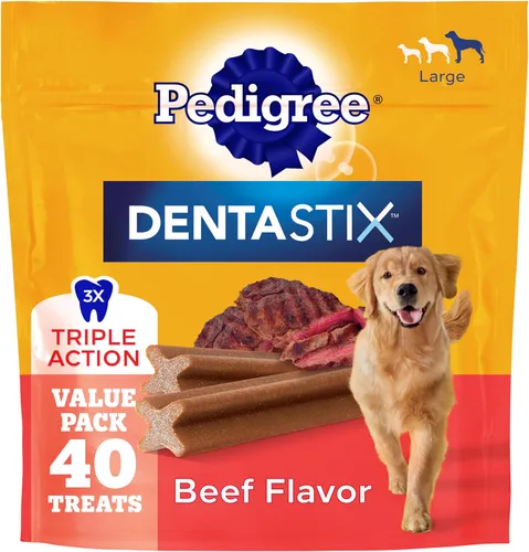 Vista 15 de Pedigree Dentastix - Golosinas para perros de raza grande, sabor a tocino, bolsa de 1.67 libras (32 golosinas) Triple action dental care, reduces