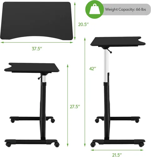 Vista 3 de COSTWAY Escritorio móvil de pie ajustable en altura, escritorio neumático compacto para computadora sentado a pie con ruedas bloqueables, mesa