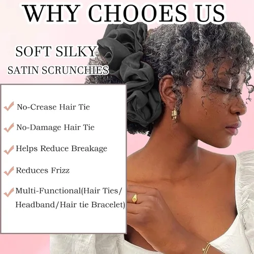 Vista 2 de 2 piezas de ligas para cabello ajustable Afro Puff, scrunchies de satén extra grandes, accesorios para Afro Puff duraderos sin daños, bandas