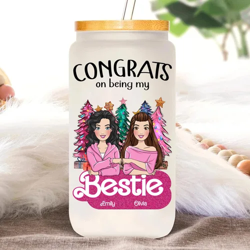 Vista 2 de Gossby Vaso de vidrio personalizado de 16 onzas con tapa, pajita, regalo de amistad personalizado para mujeres, mejores amigas con diseño, nombres