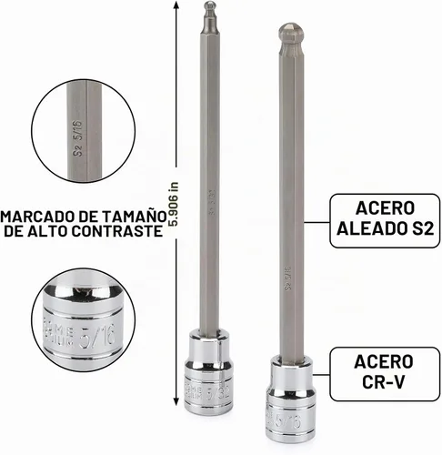 Vista 3 de EMENTOL Juego de 18 piezas de 3/8" de impulsión con punta hexagonal de bola larga, CR-V, acero S2, SAE/métrico, juego de llaves Allen extra largas