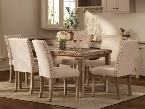Vista 7 de Morden Fort Juego de mesa de comedor rústica para 6, sillas de comedor de cocina de granja para 6, encantadora mesa rectangular de madera de 60" y 6