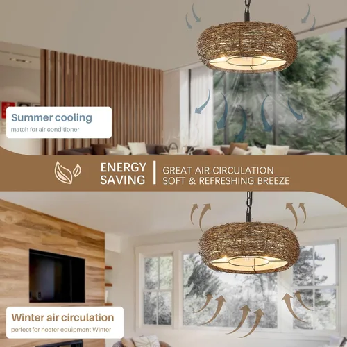 Vista 6 de Candelabro de ratán boho con ventilador de techo, canasta tejida a mano estilo granja con ventilador de techo, altura ajustable para isla de cocina