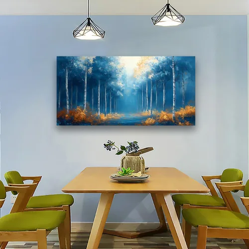 Vista 4 de Cuadros de bosque azul para pared, arte de pared para sala de estar, dormitorio, bosque impreso para decoración del hogar, arte abstracto de niebla