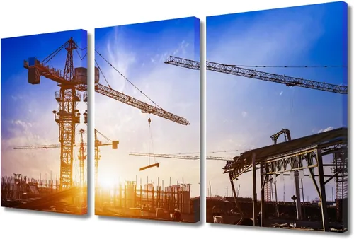 Vista 30 de TUMOVO Arte de pared con diseño de grúa para dormitorio, 3 piezas de grúa pesada al anochecer en un sitio de construcción, póster, pintura, arte