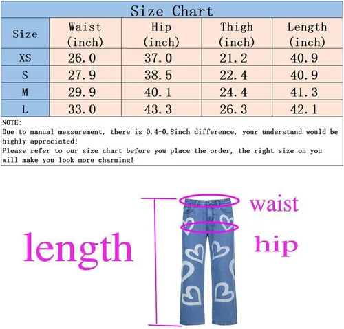 Vista 6 de Heart Print Jeans for Women Fashion Wide Leg High Waist Denim Pants Boyfriend Jeans Loose Fit Vintage Jeans for Teen Girls