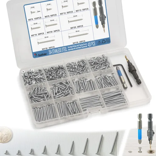 Vista 8 de Kit surtido de 440 piezas de tornillos de cabeza plana Phillips para madera, tornillos autorroscantes de acero al carbono con taladro para madera