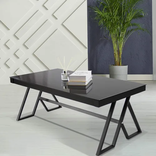 Vista 7 de Mesa de centro para sala de estar de 46 pulgadas, mesa de té de vidrio templado, mesa de cóctel, mesa de centro de patas triangulares de metal, mesa