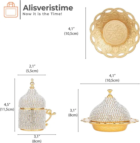 Vista 3 de Alisveristime Juego de café turco adornado con cristal, 27 piezas, tazas decorativas de Zamac para espresso, platillos y azucarero con bandeja
