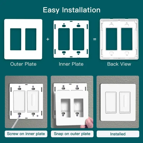 Vista 4 de TREATLIFE Placas de pared decorativas sin tornillos, placa de interruptor de luz de 2 segmentos de tamaño estándar, cubiertas de tomacorrientes