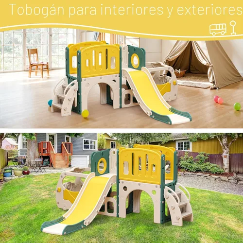 Vista 3 de Juego de tobogán para niños pequeños/bebés, con temática de autobús; parque infantil con aro de baloncesto y área de escalada, para interiores