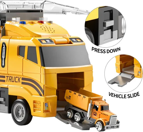 Vista 6 de TEMI Juego de camiones de construcción con alfombra de juego, juguetes de camión transportador para niños pequeños, juego de autos de juguete