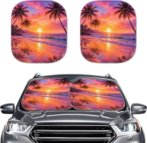 Vista 24 de Parasol para parabrisas de automóvil con estampado de playa tropical, protección universal para proteger el interior del automóvil, bloquea