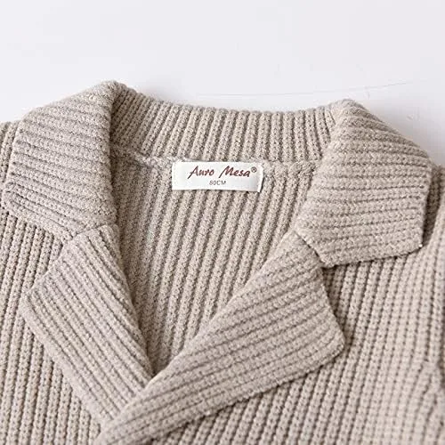 Vista 3 de Suéter de punto para niños pequeños, chaqueta de ganchillo, elegante cuello con muescas, suéter de doble botonadura