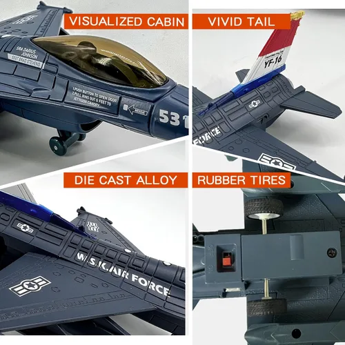 Vista 5 de OTONOPI Fighter Jet Toy F-16 Jets de juguete para niños, avión militar del ejército de la fuerza aérea, juguete de caza de metal fundido a presión