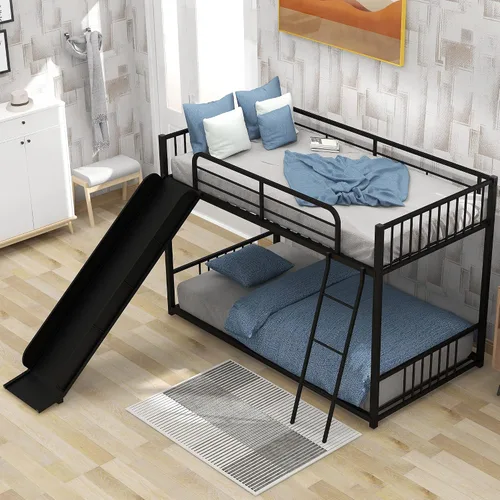 Vista 8 de Litera de metal individual sobre individual con escalera, litera de metal con tobogán para dormitorio de niños (casa negra con tobogán)