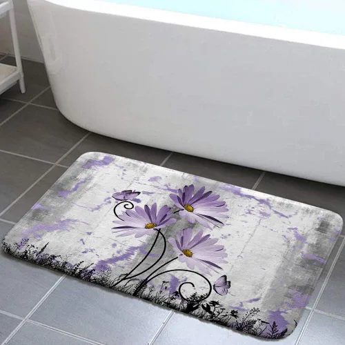 Vista 8 de Alfombra de baño rústica de granja, diseño de margaritas y mariposas en madera de campo, tapete de baño de madera color gris, blanco, azul marino